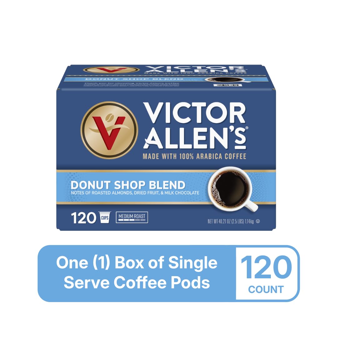 Victor Allens Donut Shop Blend label shows medium roast and balanced aroma.