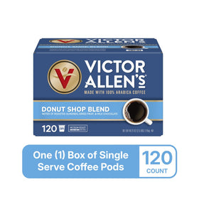 Victor Allens Donut Shop Blend label shows medium roast and balanced aroma.
