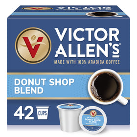 Victor Allen's Donut Shop Blend pods in a box, ready for quick morning coffee.