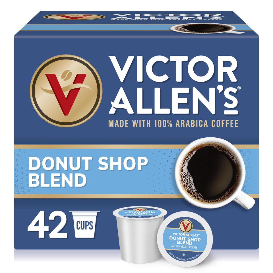 Victor Allen's Donut Shop Blend pods in a box, ready for quick morning coffee.