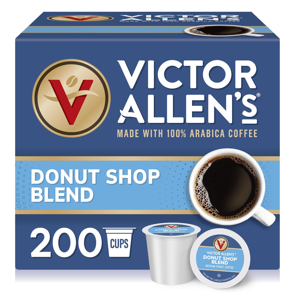 Victor Allen's Donut Shop Blend pods for Keurig machines, ready for quick brewing.