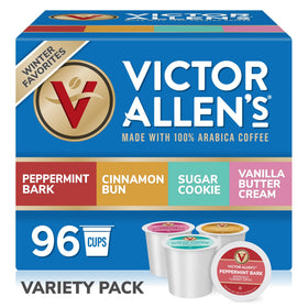 Victor Allen's Winter Wonderland box with 96 Keurig pods for quick holiday coffee moments.