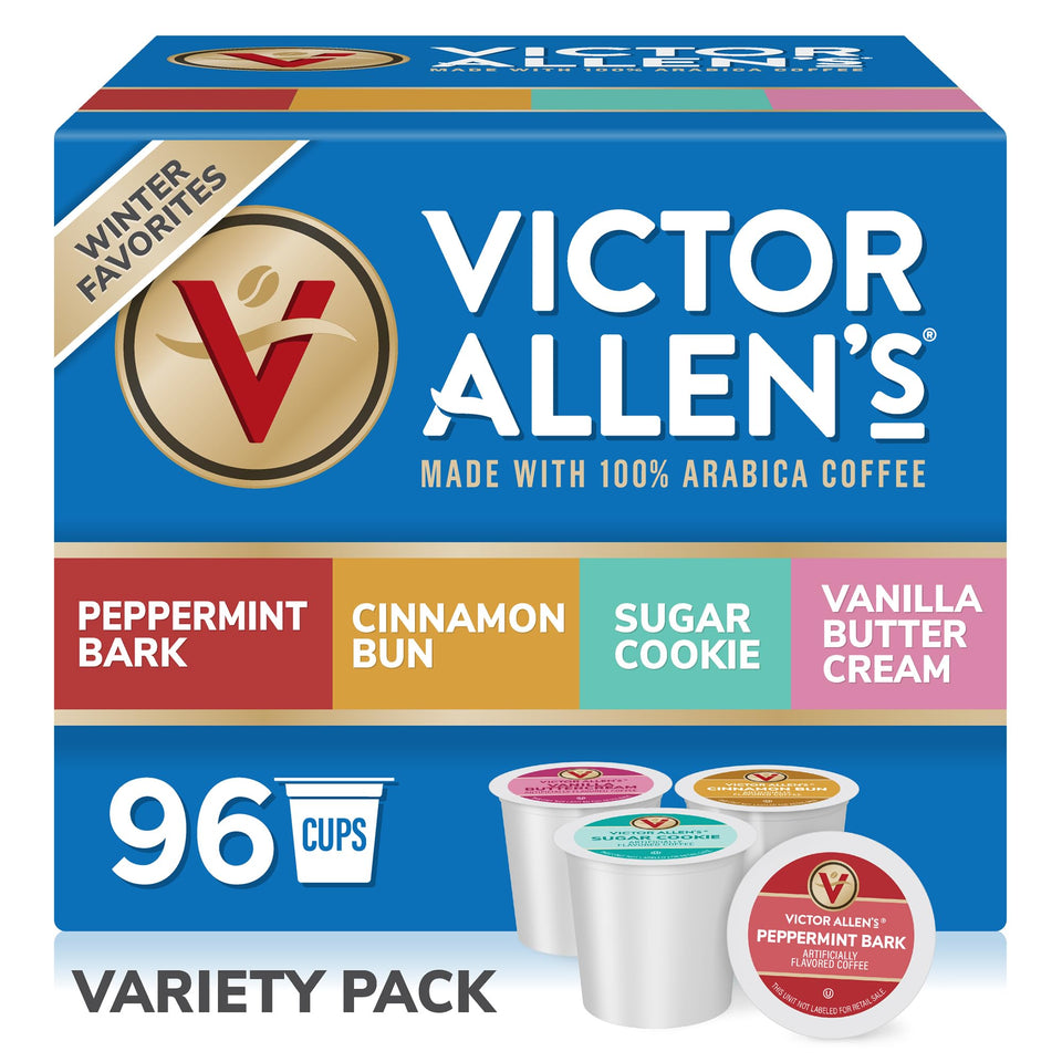 Victor Allen's Winter Wonderland box with 96 Keurig pods for quick holiday coffee moments.