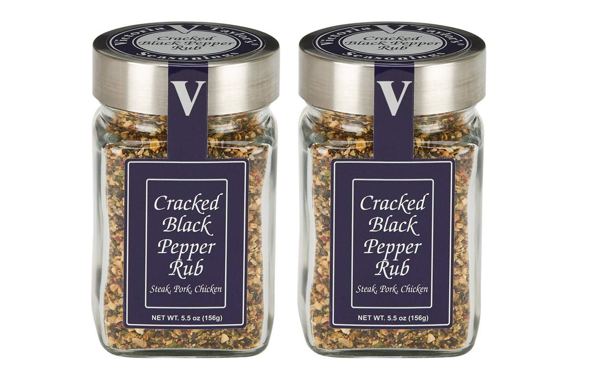 Victoria Taylor's Cracked Black Pepper Rub jar on the counter adds bold Montreal-style flavor