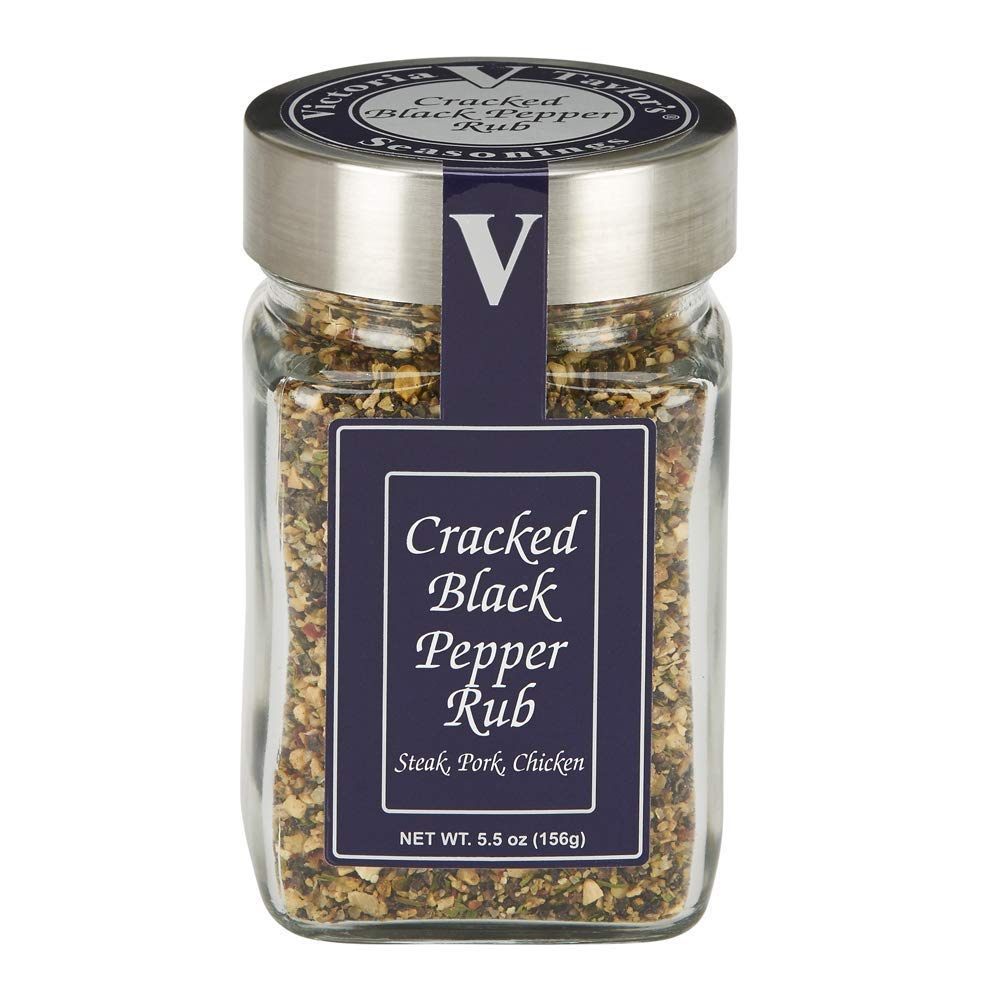 Victoria Taylor's Cracked Black Pepper Rub on a kitchen shelf for versatile cooking