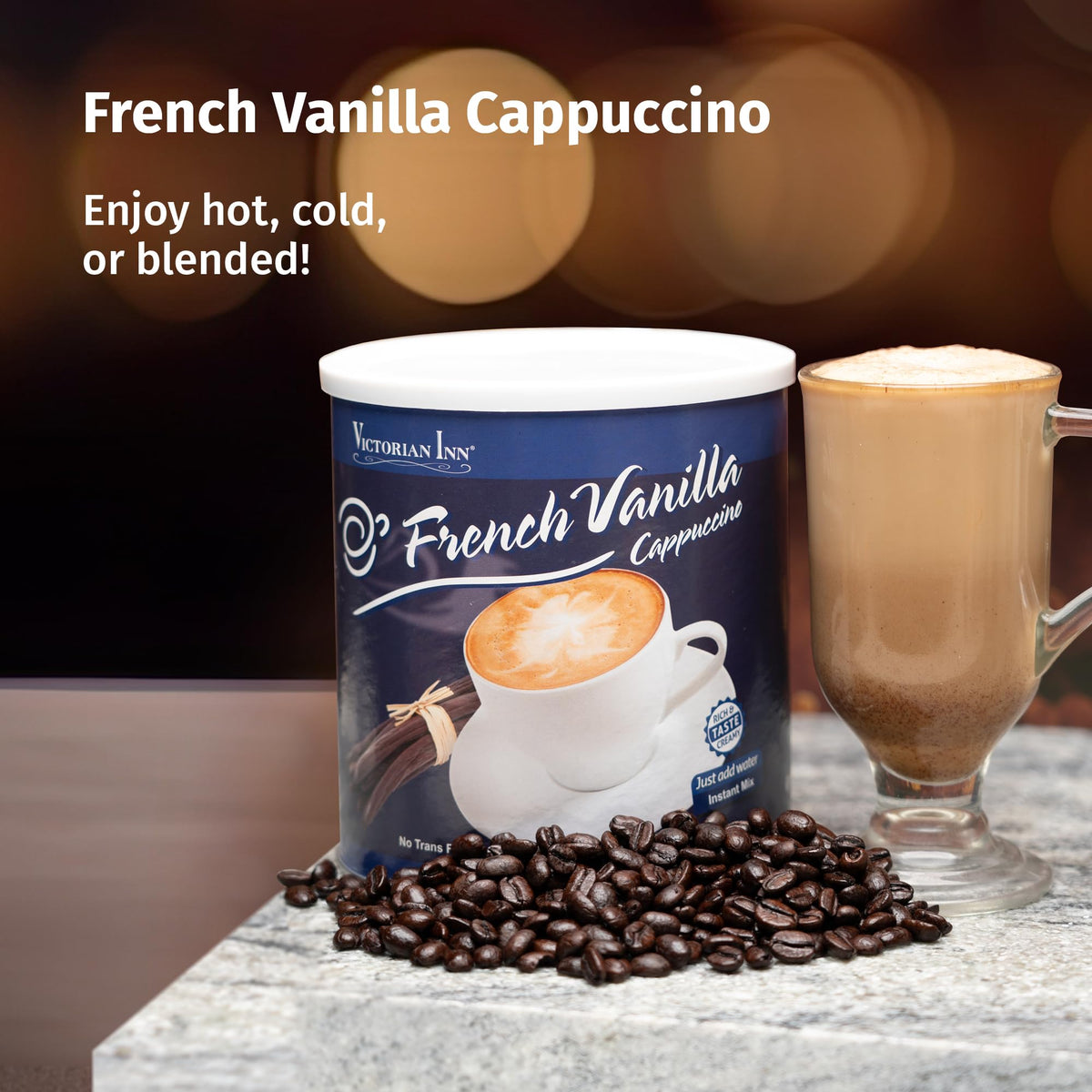 Cold vanilla cappuccino over ice with Victorian Inn, refreshing option
