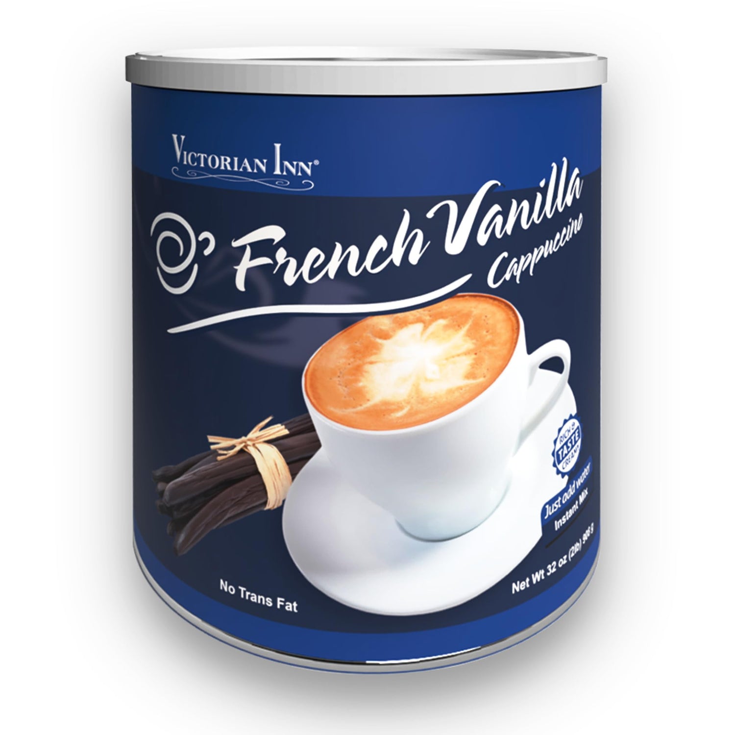 Victorian Inn French Vanilla cappuccino canister highlighting rich flavor