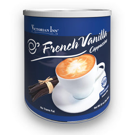 Victorian Inn French Vanilla cappuccino canister highlighting rich flavor