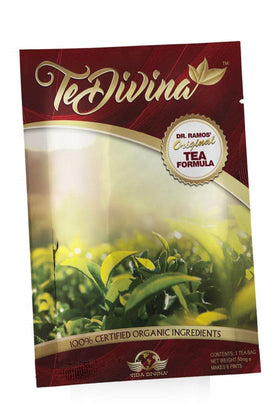 Vida Divina Te Divina tea bag closeup, vibrant herbs ready to brew a refreshing cleanse.