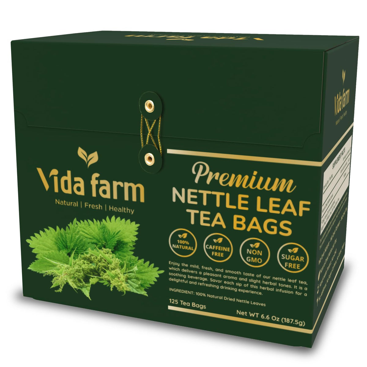 Vida Farm 125 nettle tea bags in box for refreshing herbal tea