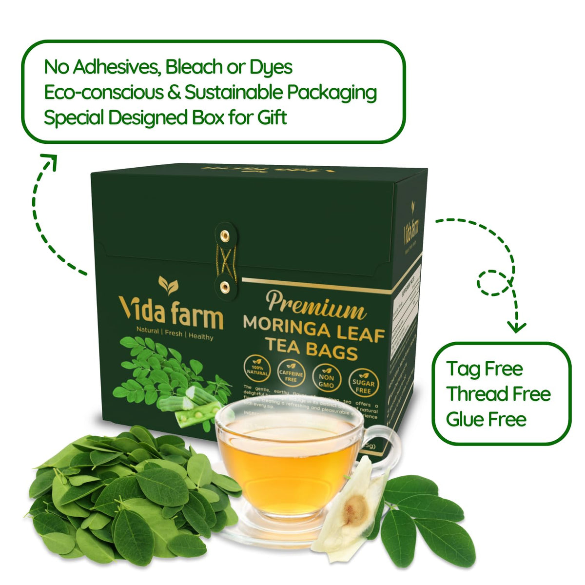 Vida Farm 125 Premium Moringa Tea Bags aroma captures a calm, inviting tea experience