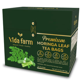 Vida Farm 125 Premium Moringa Tea Bags front view, showcasing premium leaves for a caffeine-free, soothing brew