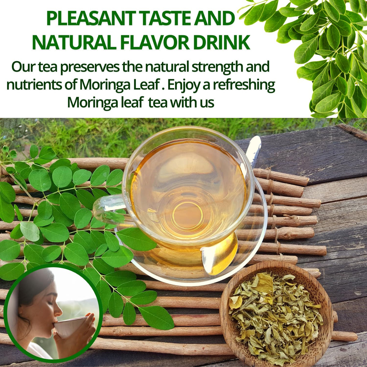 Vida Farm Moringa Tea Bags close-up leaves, highlighting vibrant color and natural flavor