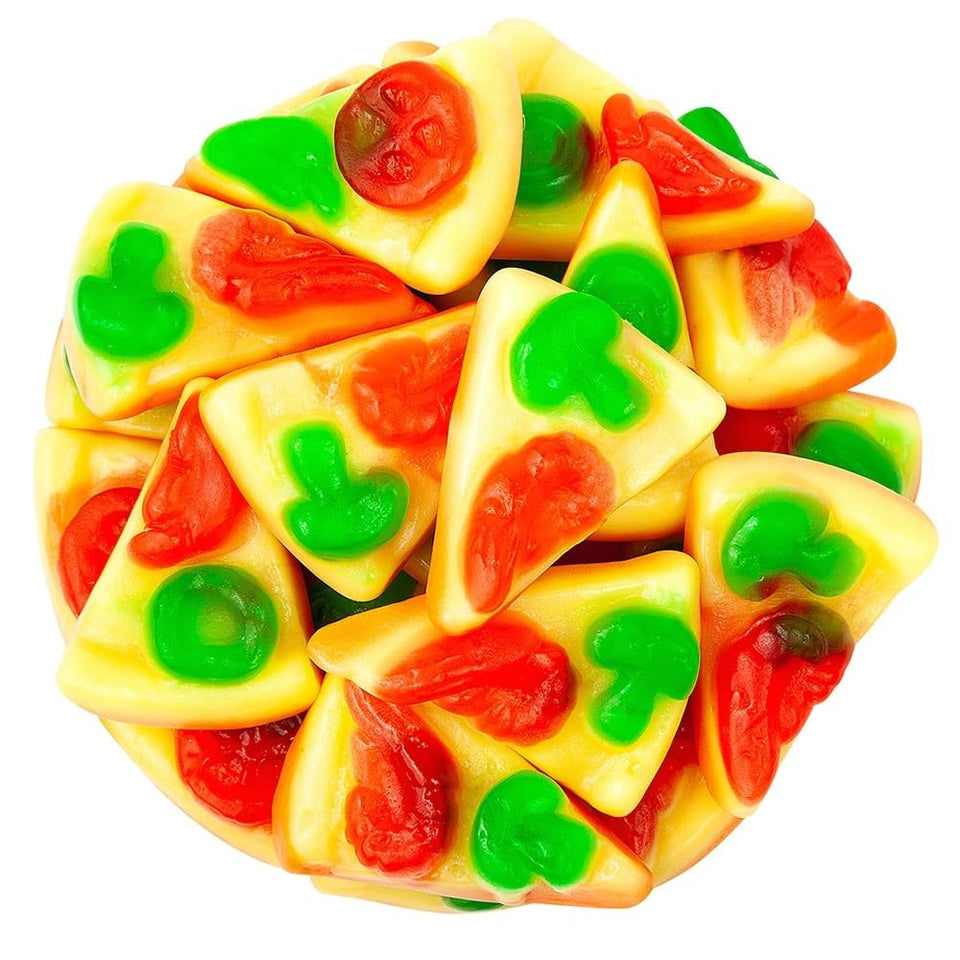 Vidal Gummy Pizza Slices with tomato and mushroom toppings, a fun party snack.
