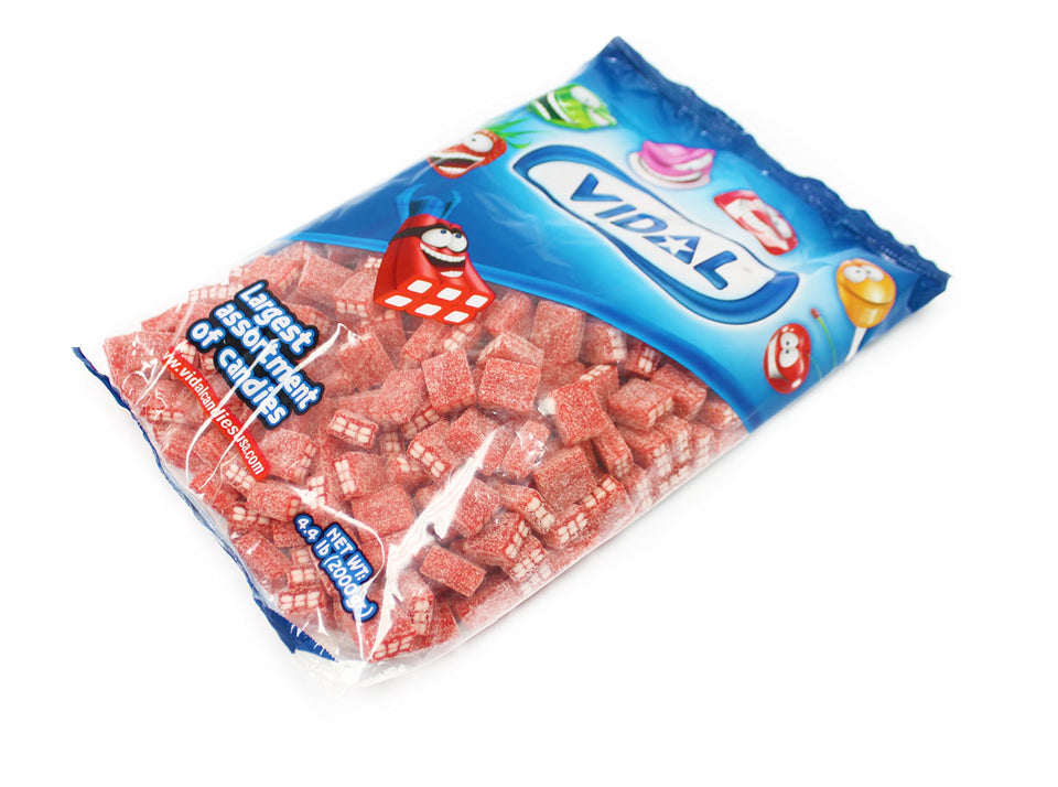 Vidal Licorice Strawberry Bricks bulk bag, vibrant red bricks and creamy centers, ideal for party displays.