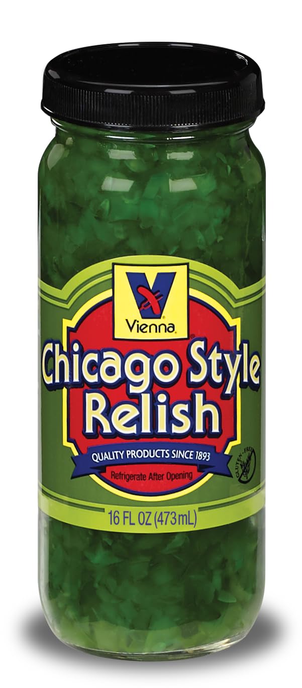 Vienna Beef Chicago Style Relish jar enhances hot dogs with bold, tangy flavor