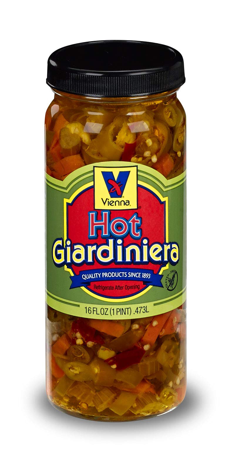 Vienna Beef hot giardiniera 16oz bottle on shelf, perfect for hot dogs and Italian beef.