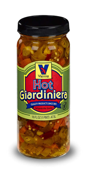 Vienna Beef hot giardiniera 16oz bottle on shelf, perfect for hot dogs and Italian beef.