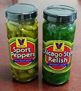 Vienna Beef relish and sport peppers pack on counter, ready for grilling