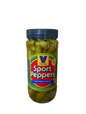 Vienna Beef sport peppers jar 16oz front view, convenient topping for Chicago-style dogs.