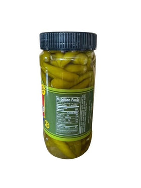Close-up of Vienna Beef sport peppers label on a 16oz jar, signaling quality.