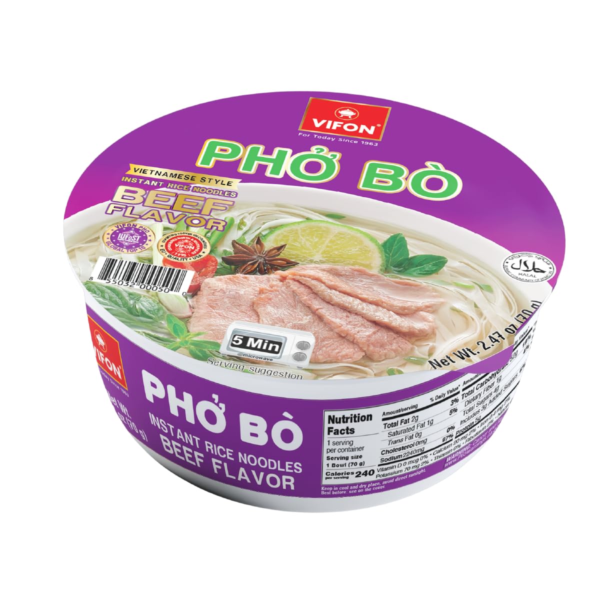VIFON Pho Bo bowl front view, quick authentic meal option.