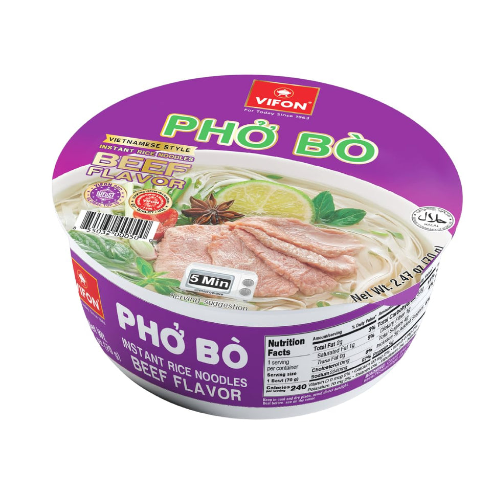 VIFON Pho Bo bowl front view, quick authentic meal option.