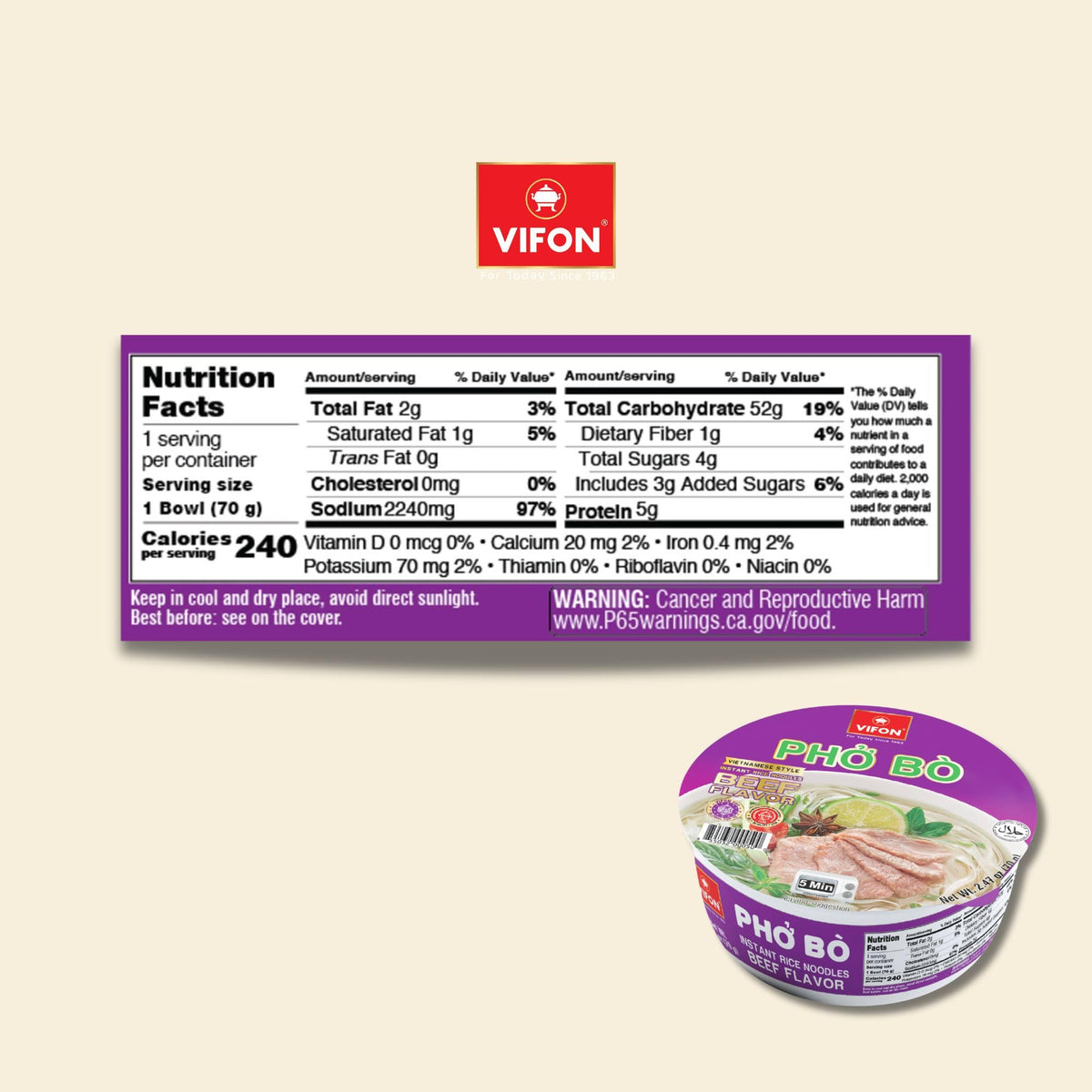 VIFON Pho Bo bowl with packets shows complete seasoning for easy prep.