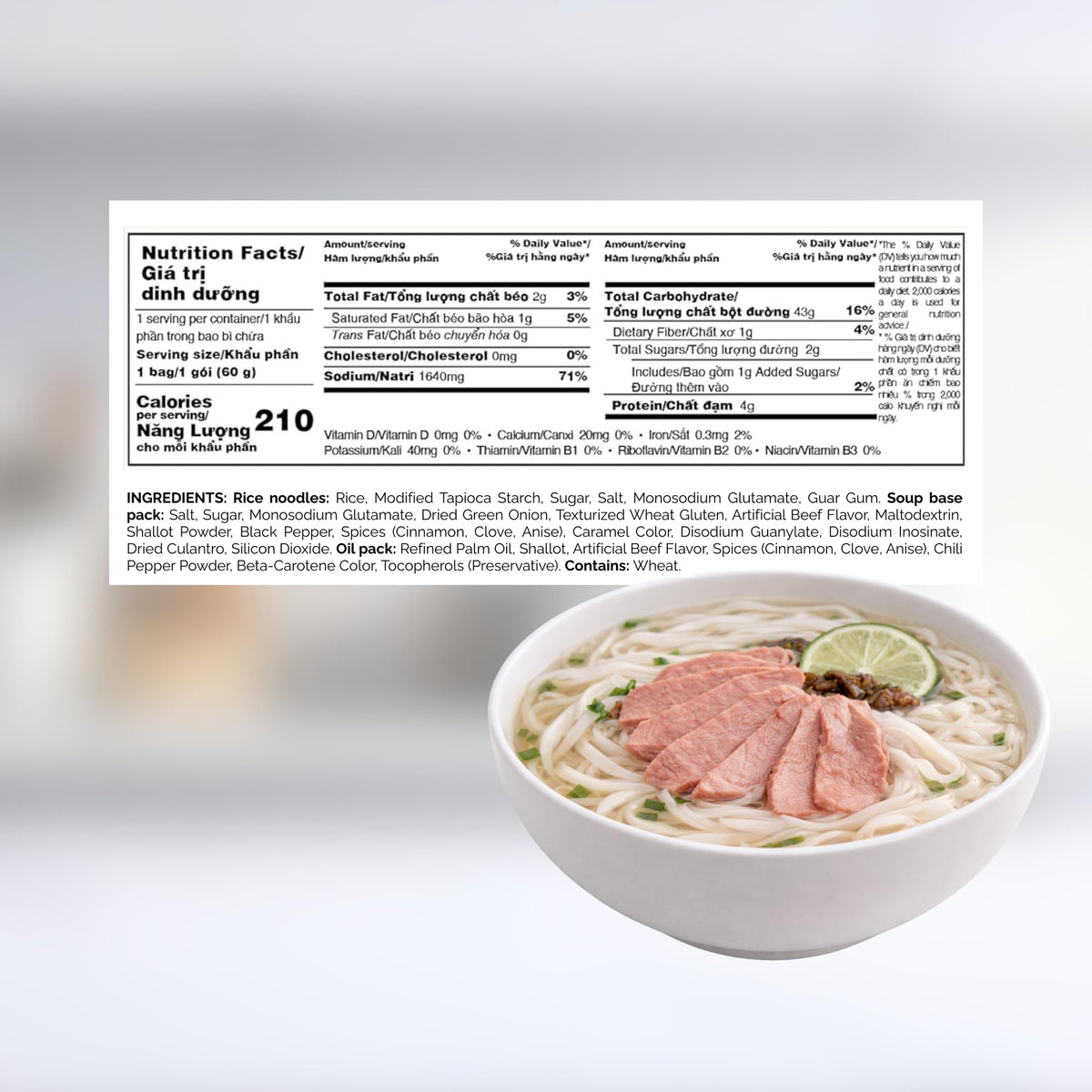 VIFON Pho Bo dry noodles in a 60 g serving ready to cook.