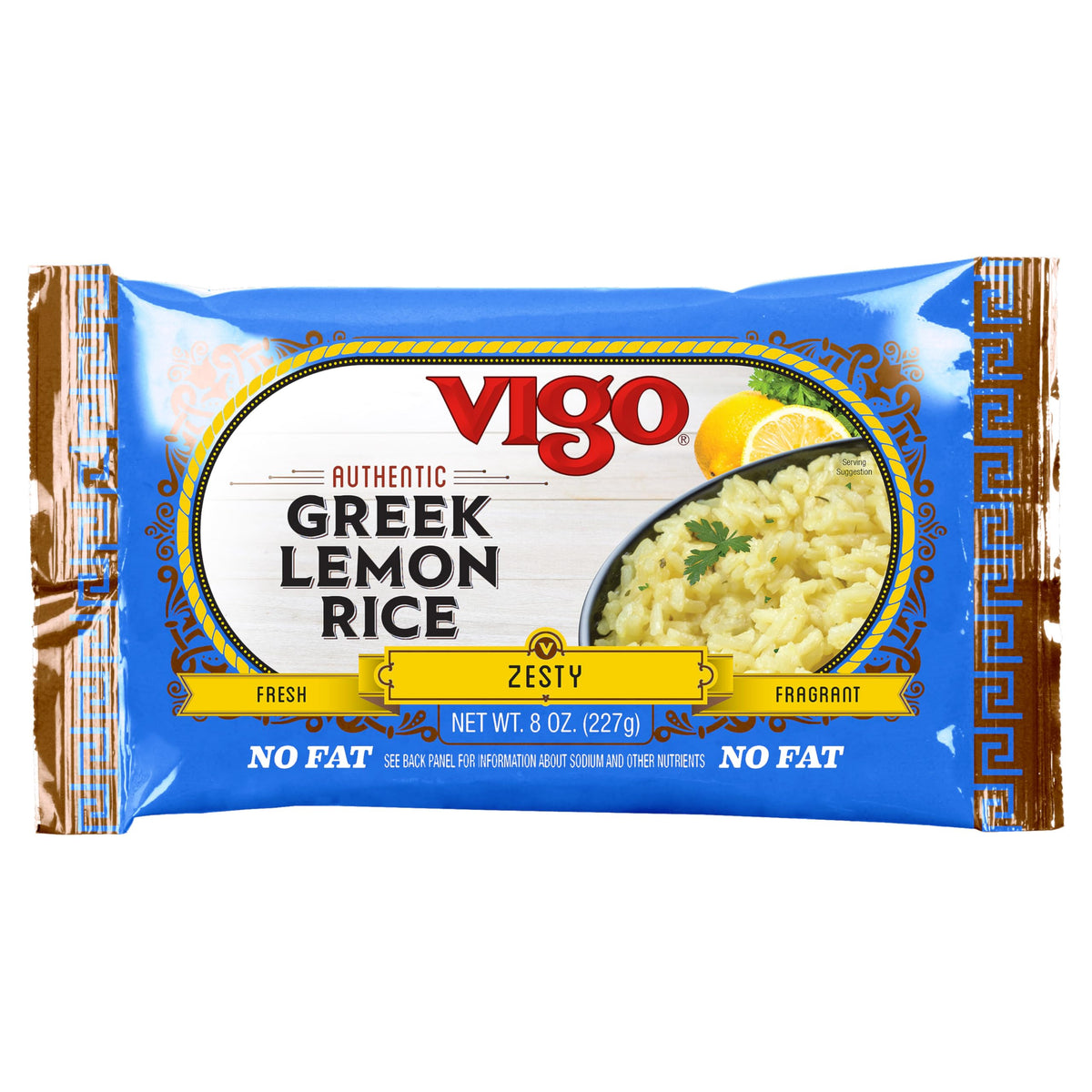 Vigo Authentic Greek Lemon Rice packaging shown for pantry-ready storage.
