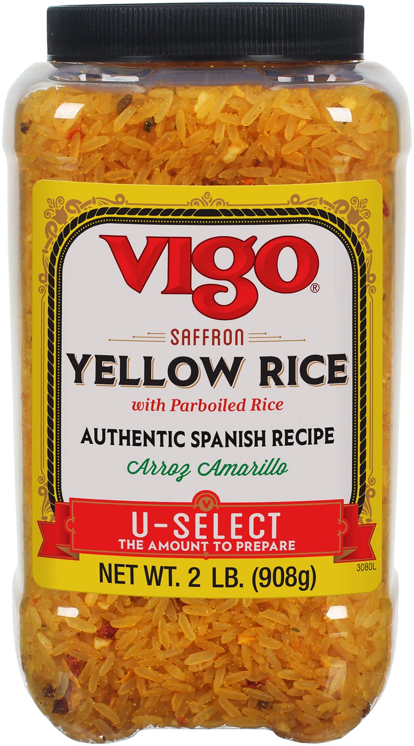 Vigo saffron yellow rice box shows vibrant color and premium packaging.