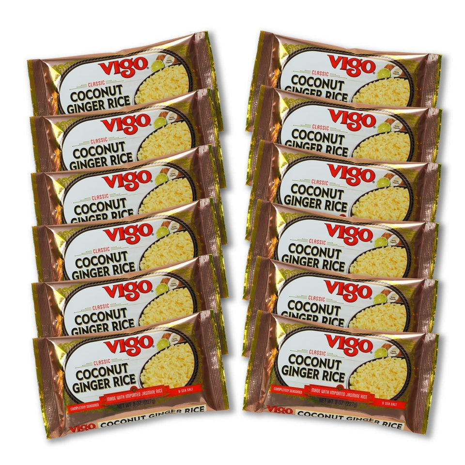 Vigo Coconut Ginger Rice pack closeup, showcasing seasoned grains for quick meals.