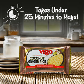 Vigo Coconut Ginger Rice box packaging highlights gluten-free and preservative-free claims.