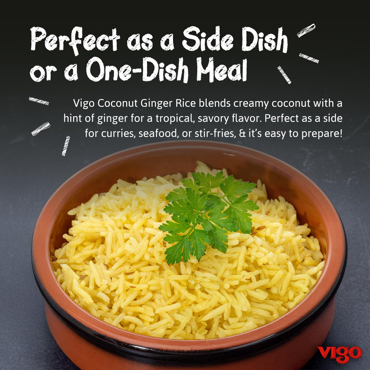 Vigo Coconut Ginger Rice served with curry shows vibrant color and fluffy texture.