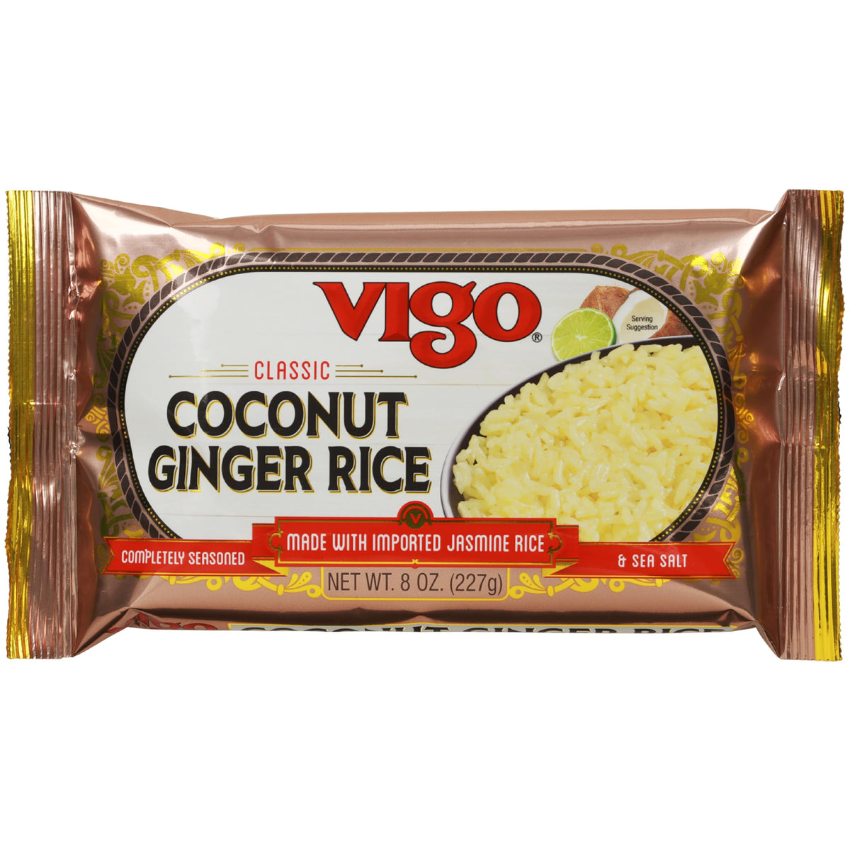 Vigo Coconut Ginger Rice steaming bowl reveals fragrant jasmine grains ideal with curries.