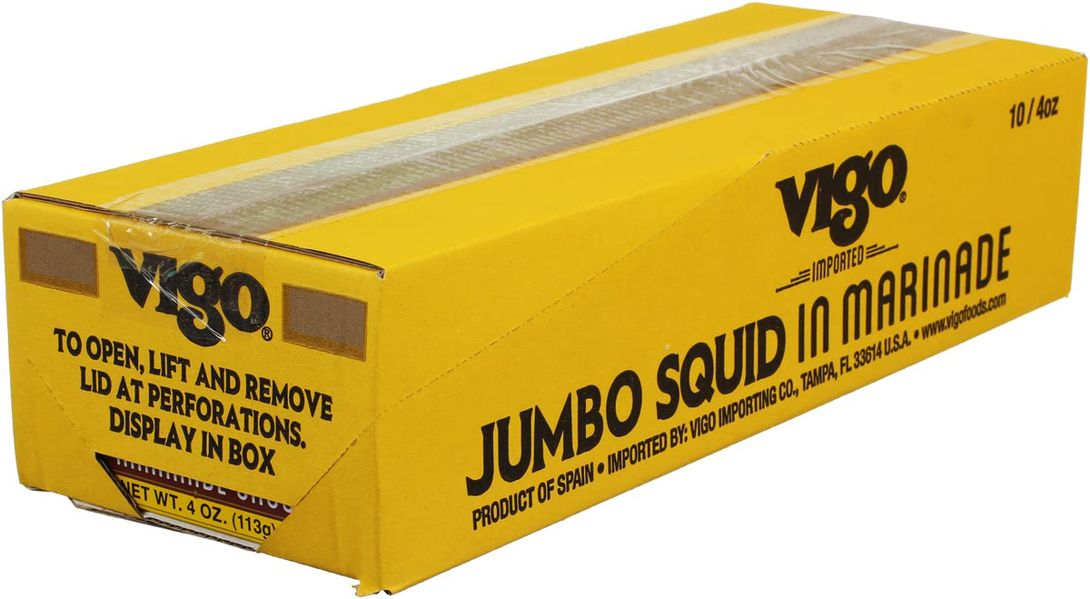 Vigo jumbo squid in marinade cans stacked on a shelf for convenient storage.