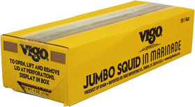 Vigo jumbo squid in marinade cans stacked on a shelf for convenient storage.