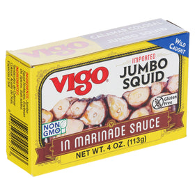 Vigo jumbo squid in marinade ingredients label highlighting oil and spices.