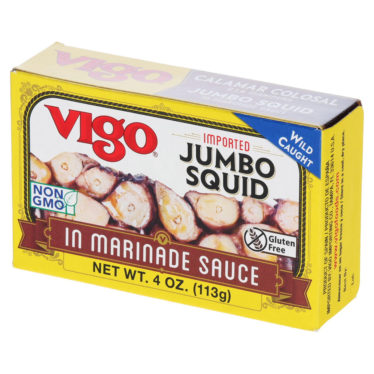 Vigo jumbo squid in marinade packaging display emphasizing portion-controlled convenience.