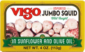 Vigo jumbo squid in sunflower and olive oil ready to elevate Mediterranean meals.