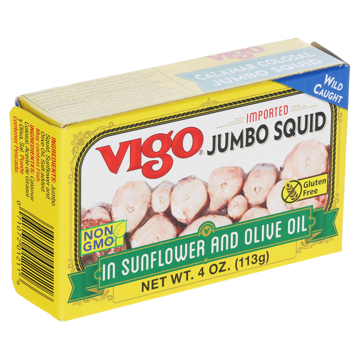 Vigo jumbo squid in sunflower and olive oil preserves tender texture and aroma.