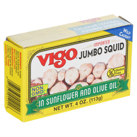 Vigo jumbo squid in sunflower and olive oil preserves tender texture and aroma.