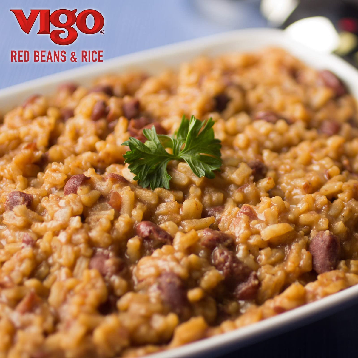 Vigo red beans and rice product packaging with nutrition highlights.