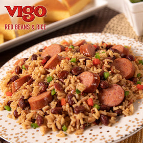 Vigo ready-to-heat red beans and rice in a pan, quick nourishment at home.