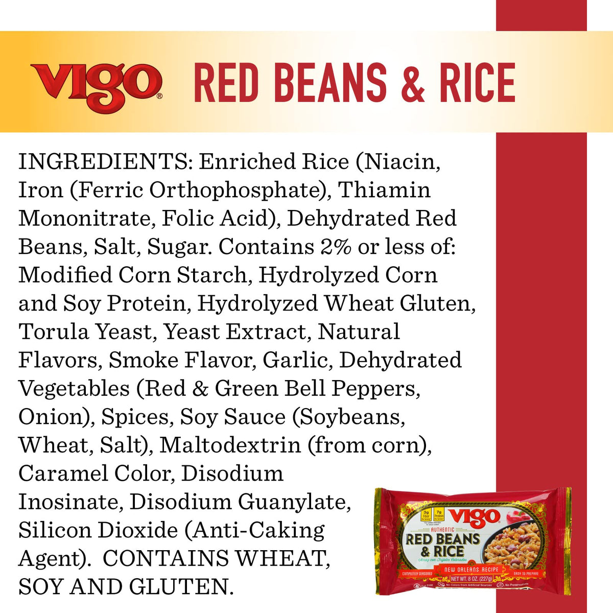 Close-up of Vigo red beans and rice ingredients, highlighting fresh seasoning and no artificial flavors.