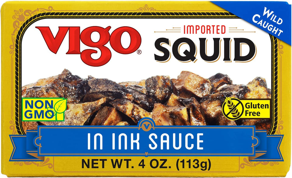 Vigo squid in ink sauce can front view, ready-to-use seafood protein for quick meals