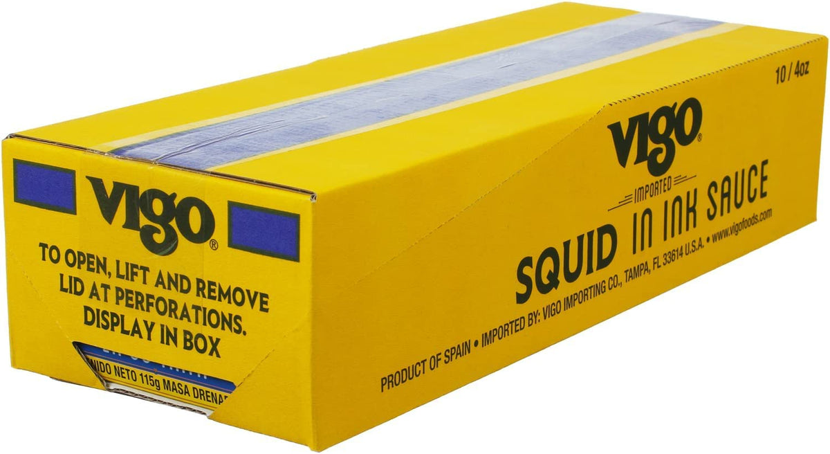 Vigo squid in ink sauce cans front view, two-pack display for pantry pairing