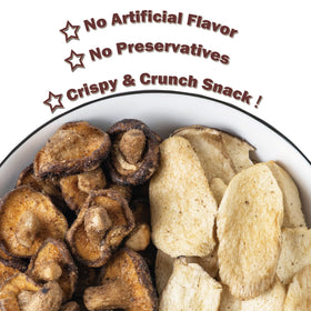 VIGOROUS MOUNTAINS mushroom chips closeup-crispy texture highlights earthy flavor.