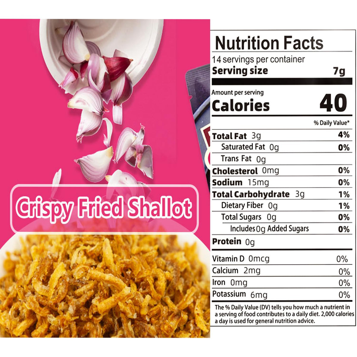 VIGOROUS MOUNTAINS Pure Fried Shallot Crisps pack back view shows bulk packaging and portioning.