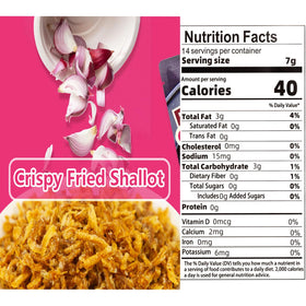 VIGOROUS MOUNTAINS Pure Fried Shallot Crisps pack back view shows bulk packaging and portioning.